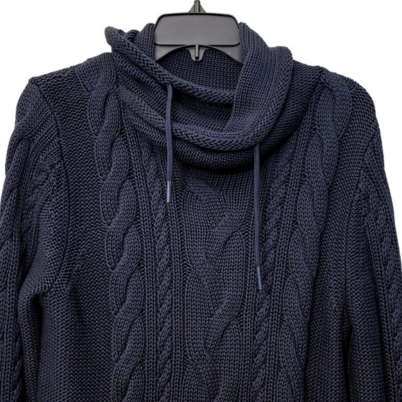L.L. Bean Sweaters - LL Bean Womens Navy Blue Cable Knit‎ Cowl Neck Drawstring Cotton Sweater Large